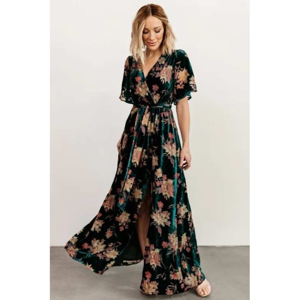 Baltic Born Lydia Teal Floral Velvet Maxi Dress Small Short Sleeve V-Neck - Picture 2 of 14